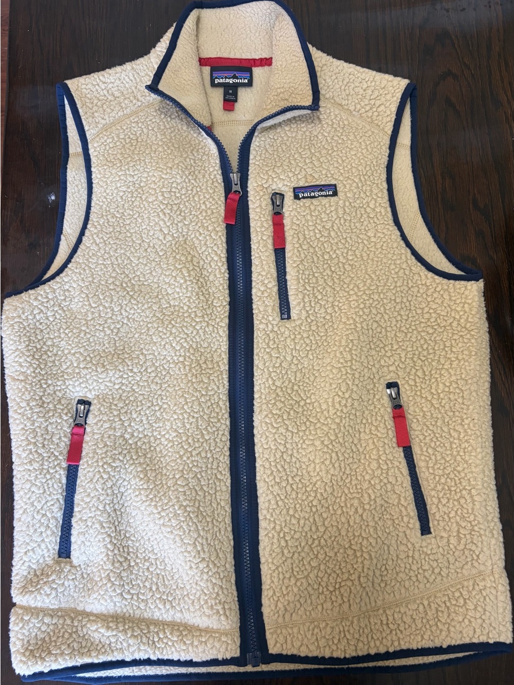 Patagonia Vest in Cream with Navy Trim